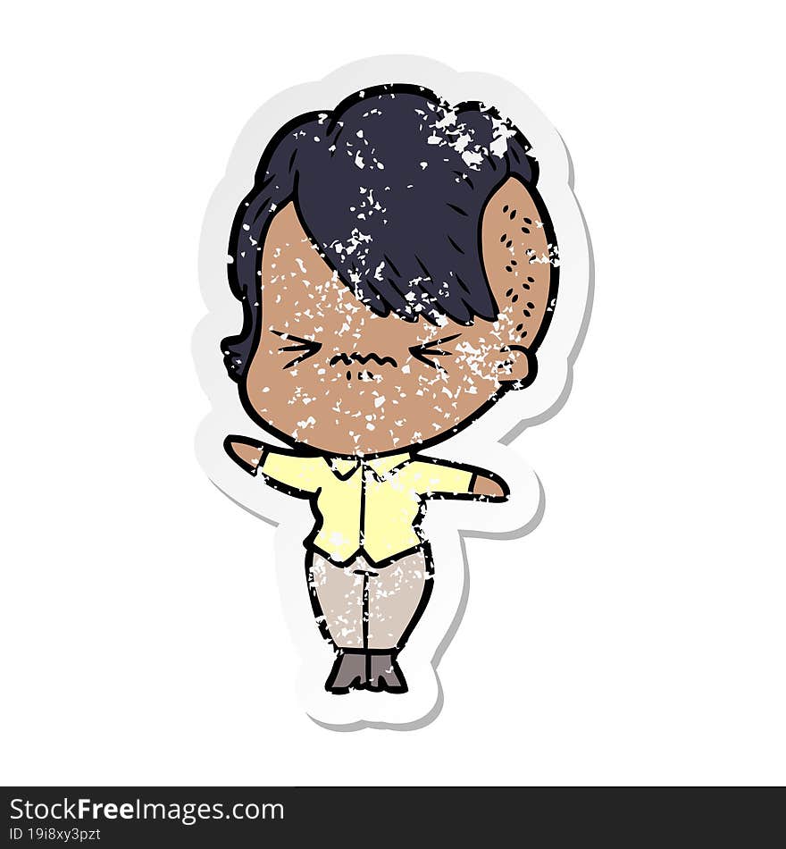 distressed sticker of a cartoon annoyed hipster girl