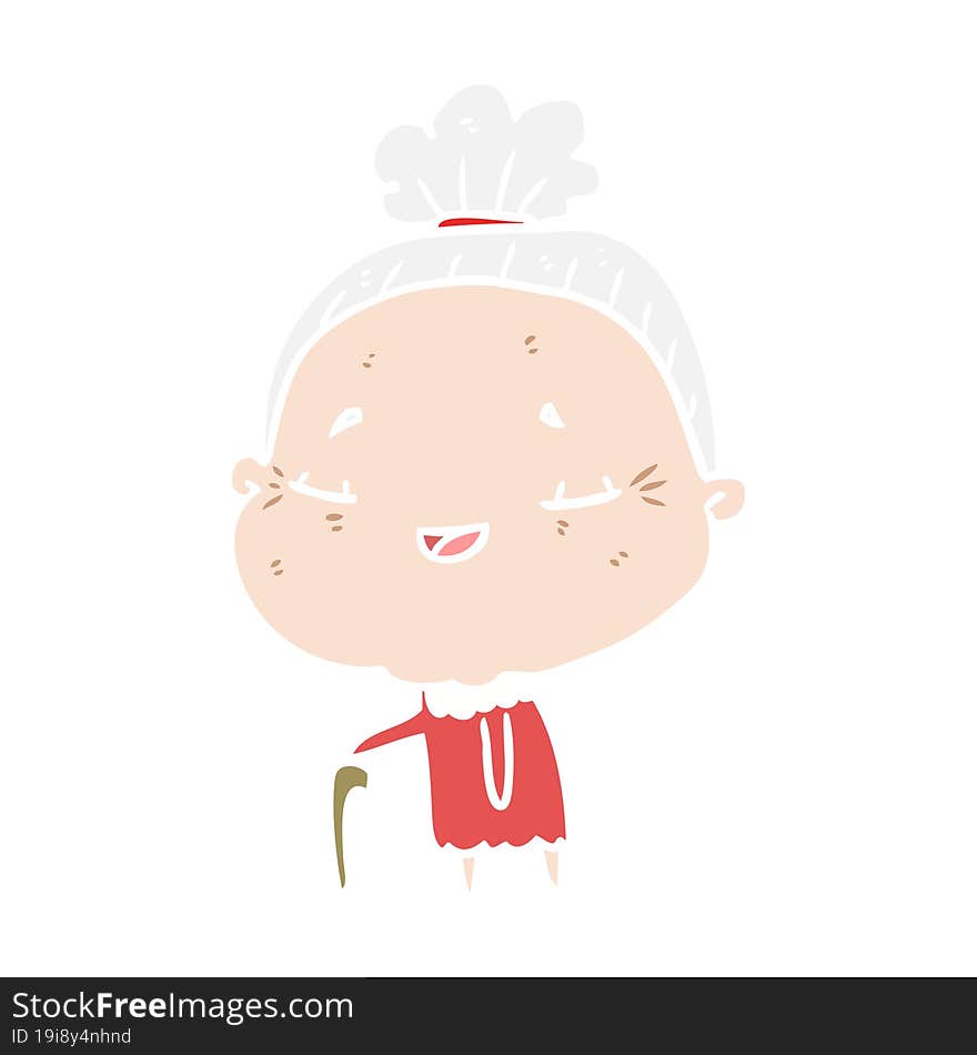 Flat Color Style Cartoon Old Woman With Walking Stick