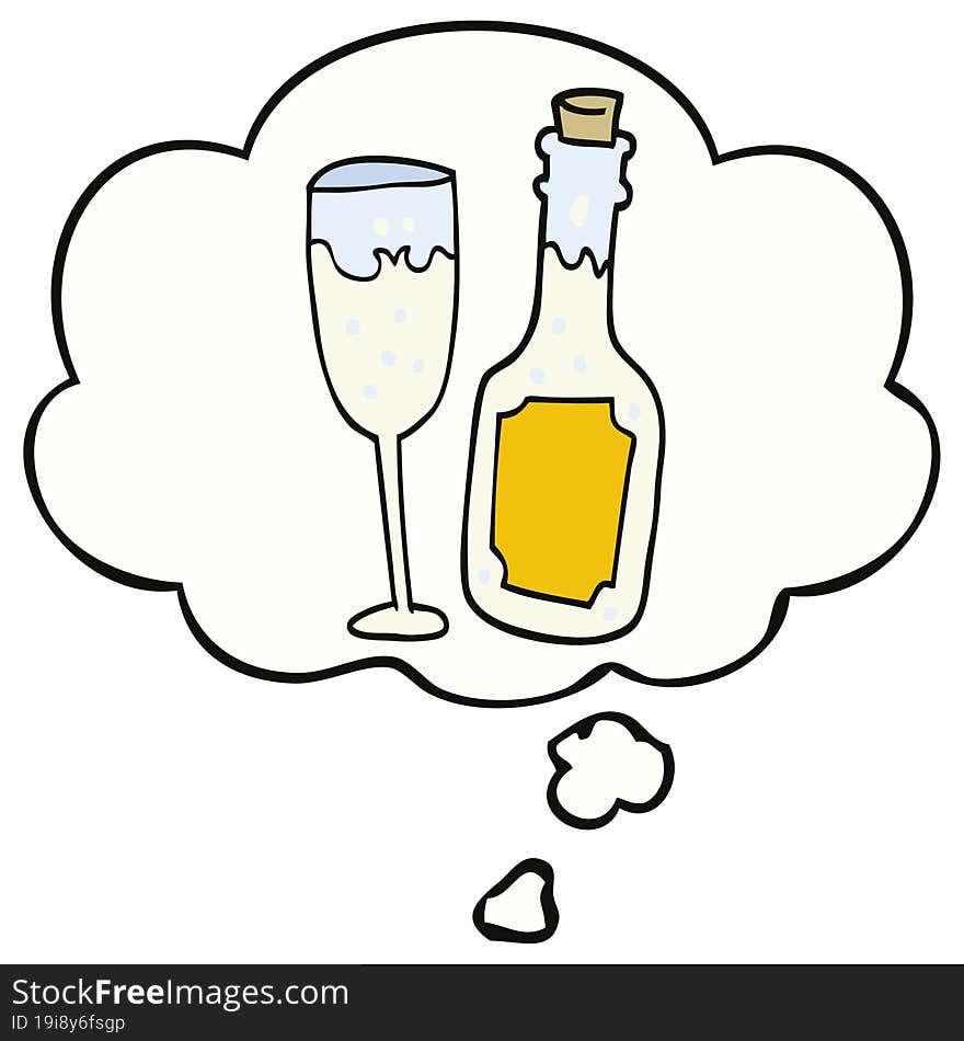 cartoon champagne bottle and glass and thought bubble