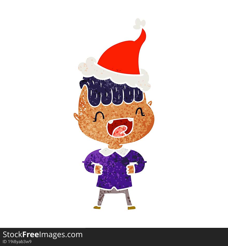 hand drawn retro cartoon of a happy boy laughing wearing santa hat