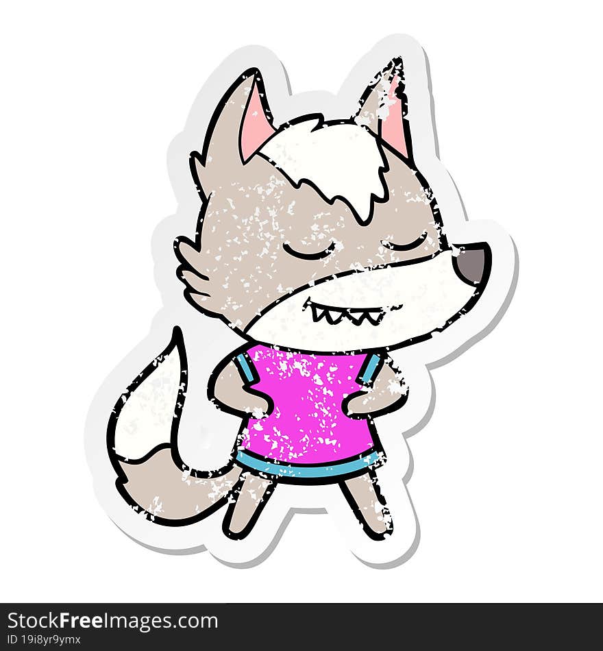 distressed sticker of a friendly cartoon wolf girl