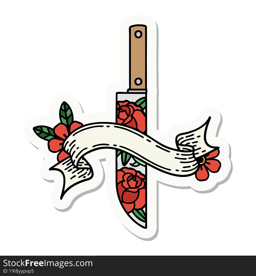 Tattoo Sticker With Banner Of A Dagger And Flowers