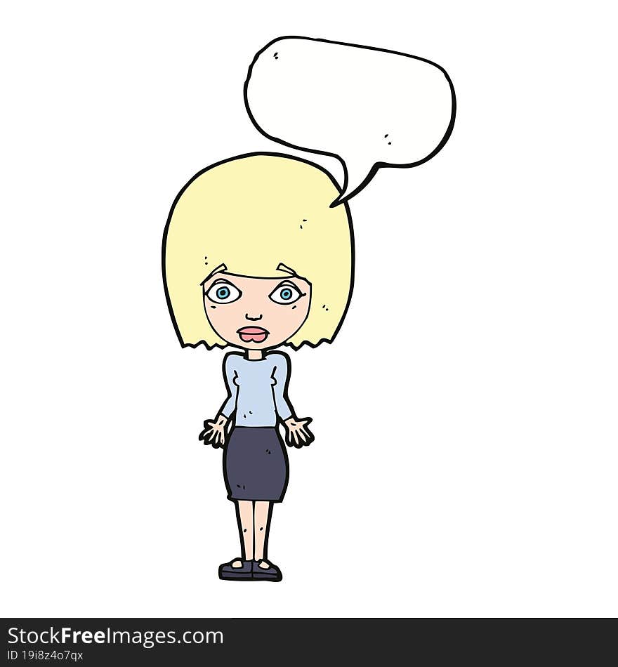 cartoon woman shrugging shoulders with speech bubble