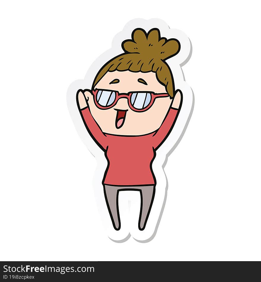 sticker of a cartoon happy woman wearing spectacles