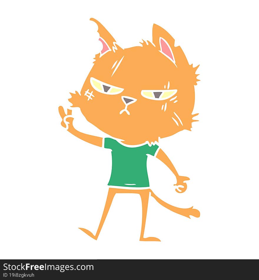 tough flat color style cartoon cat giving victory sign