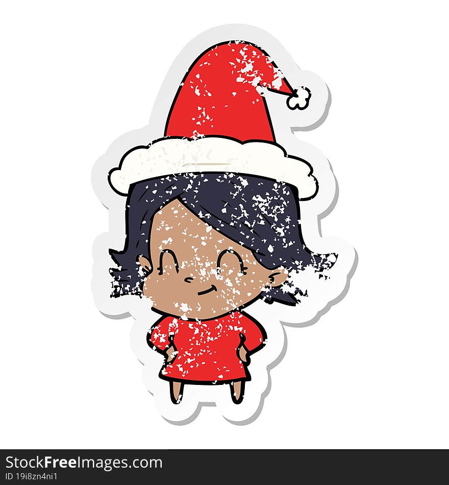 distressed sticker cartoon of a friendly girl wearing santa hat