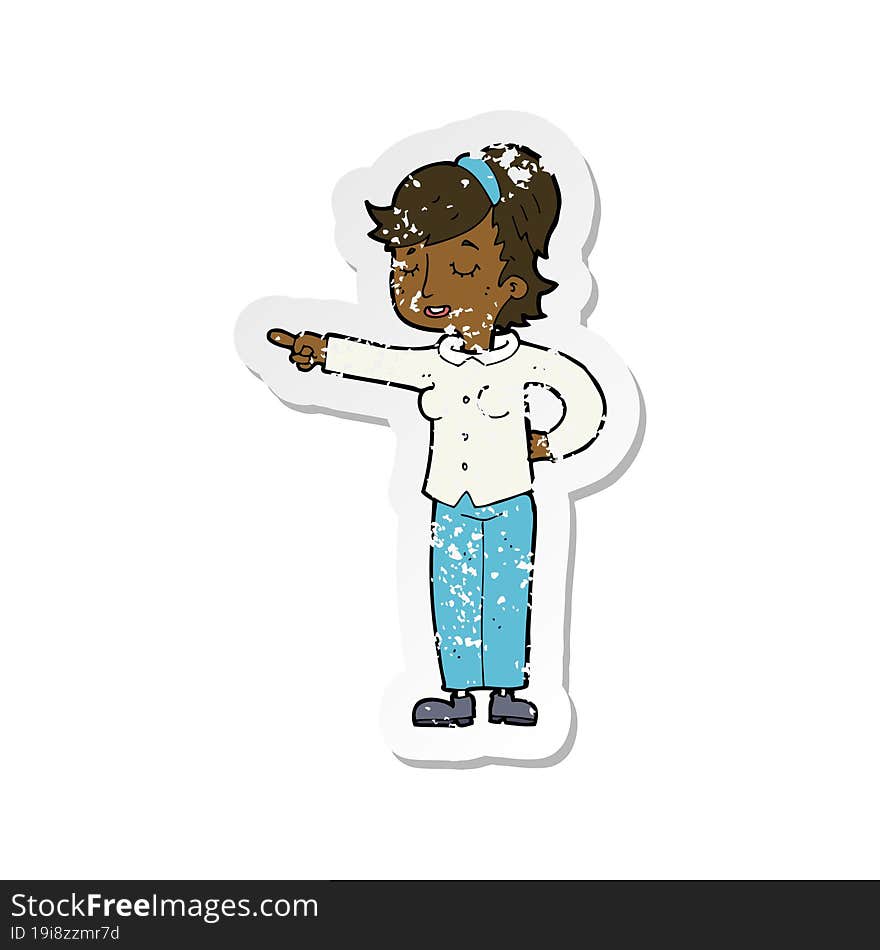 Retro Distressed Sticker Of A Cartoon Friendly Woman Pointing