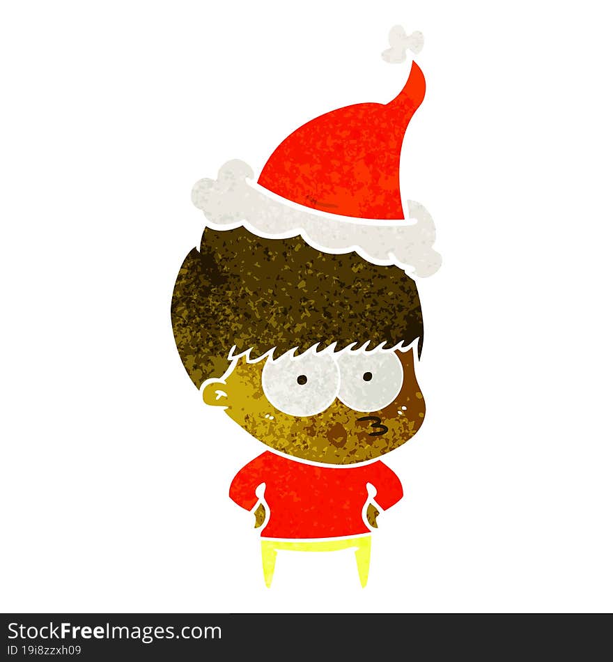 nervous retro cartoon of a boy wearing santa hat