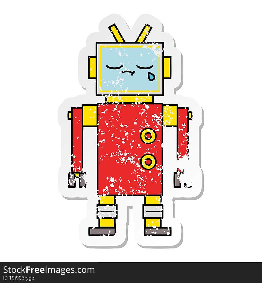 distressed sticker of a cute cartoon crying robot