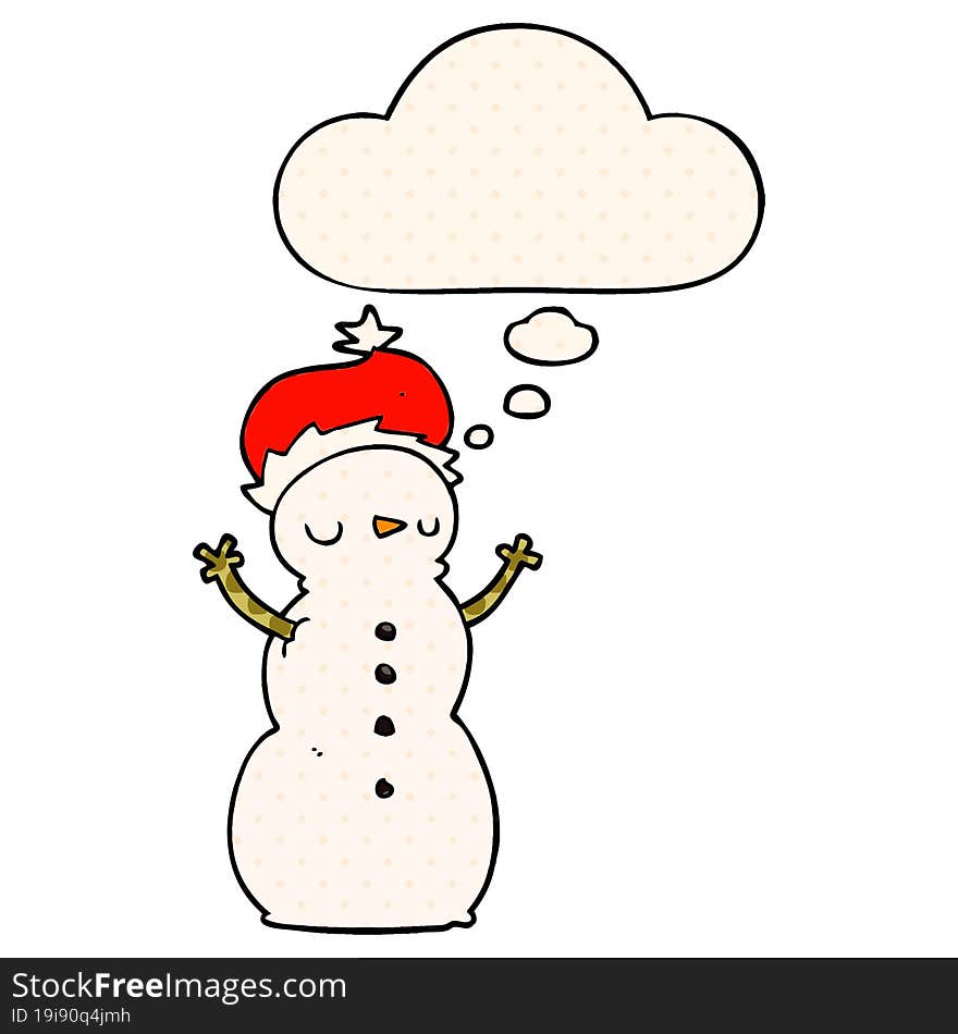 cartoon snowman and thought bubble in comic book style