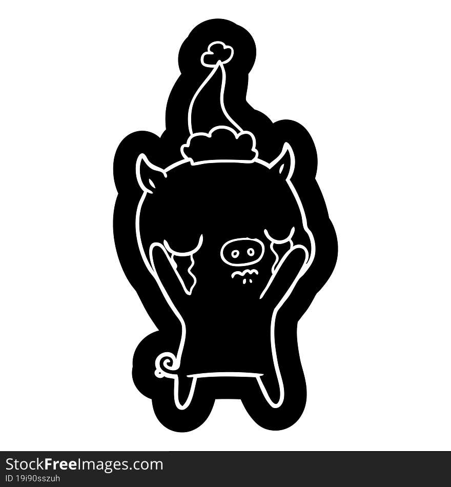 cartoon icon of a pig crying wearing santa hat