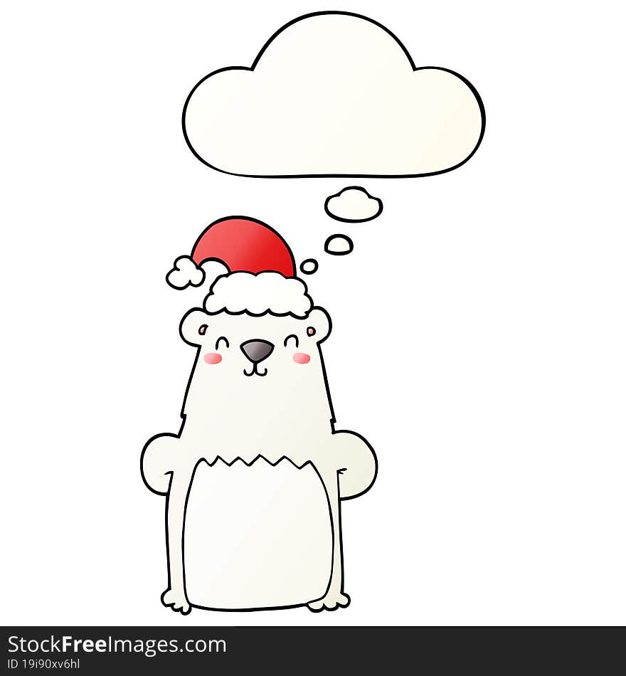 cartoon bear wearing christmas hat and thought bubble in smooth gradient style