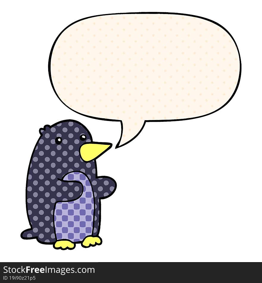 cartoon penguin and speech bubble in comic book style