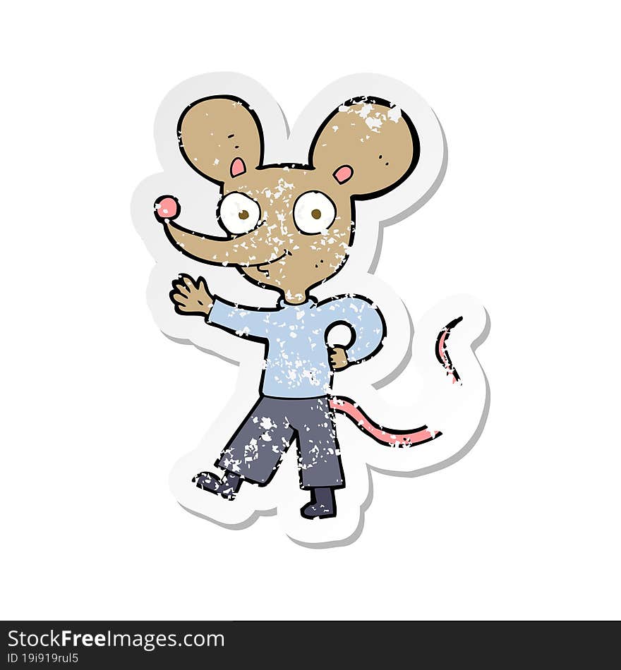 retro distressed sticker of a cartoon waving mouse