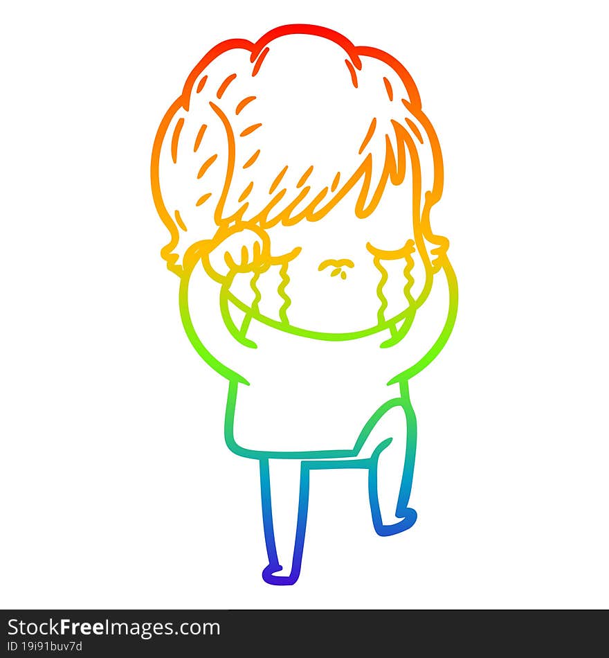 rainbow gradient line drawing of a cartoon woman crying