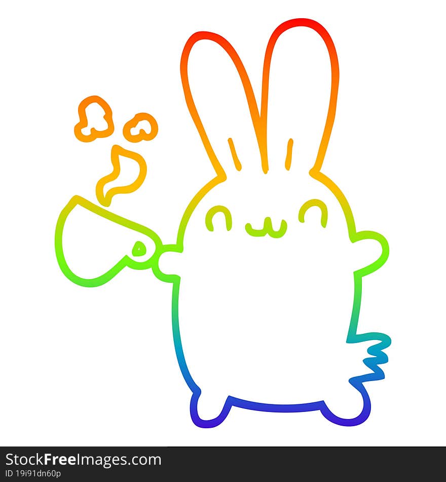 rainbow gradient line drawing cute cartoon rabbit drinking coffee