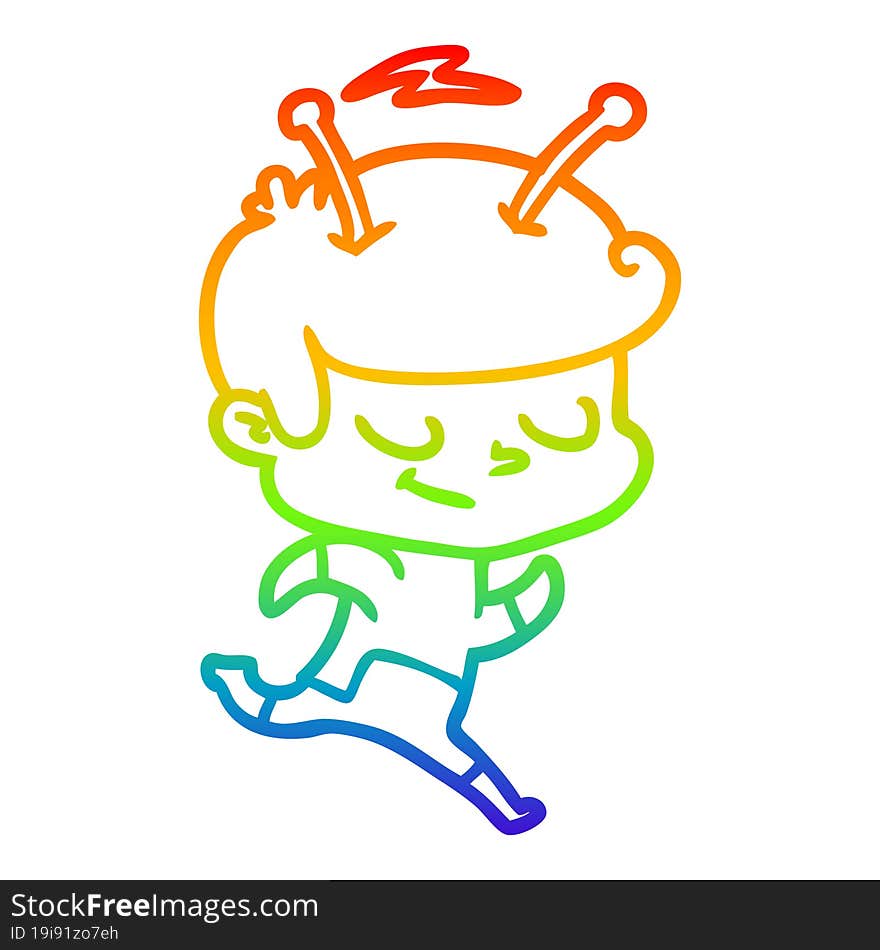 rainbow gradient line drawing of a friendly cartoon spaceman running