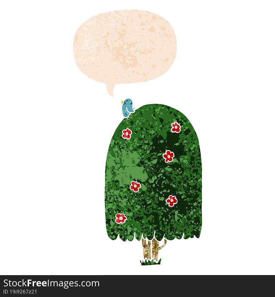 cartoon tall tree and speech bubble in retro textured style