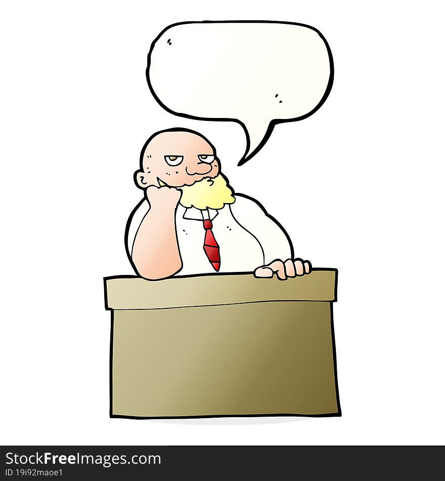 cartoon bored man at desk with speech bubble