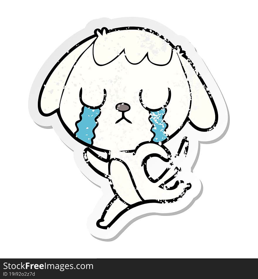 distressed sticker of a cute cartoon dog crying