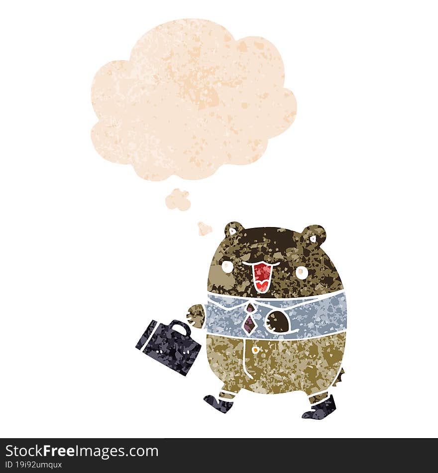 cute cartoon business bear and thought bubble in retro textured style