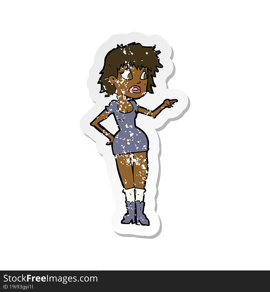 retro distressed sticker of a cartoon worried woman in dress pointing