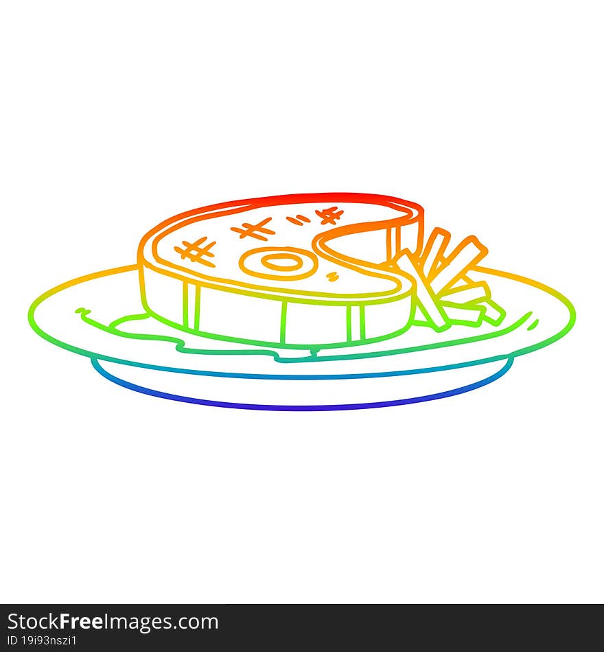 rainbow gradient line drawing of a cartoon steak dinner