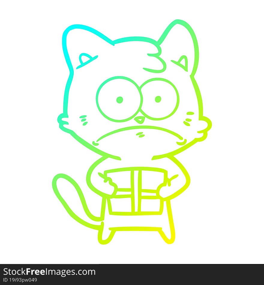 cold gradient line drawing cartoon cat with present