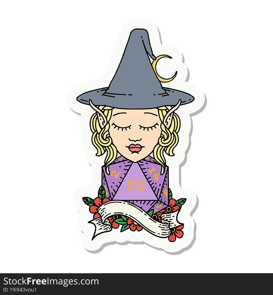 elf mage character with natural twenty dice roll sticker