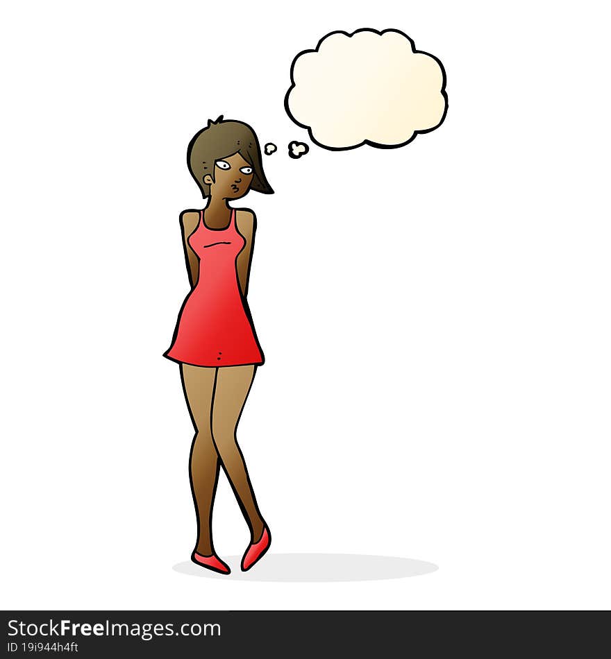 Cartoon Pretty Woman In Dress With Thought Bubble