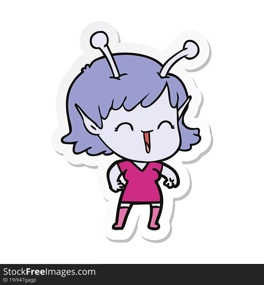 sticker of a cartoon alien girl laughing