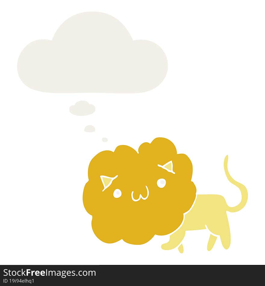 cute cartoon lion and thought bubble in retro style