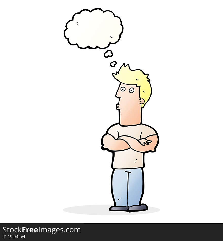 cartoon man with folded arms with thought bubble