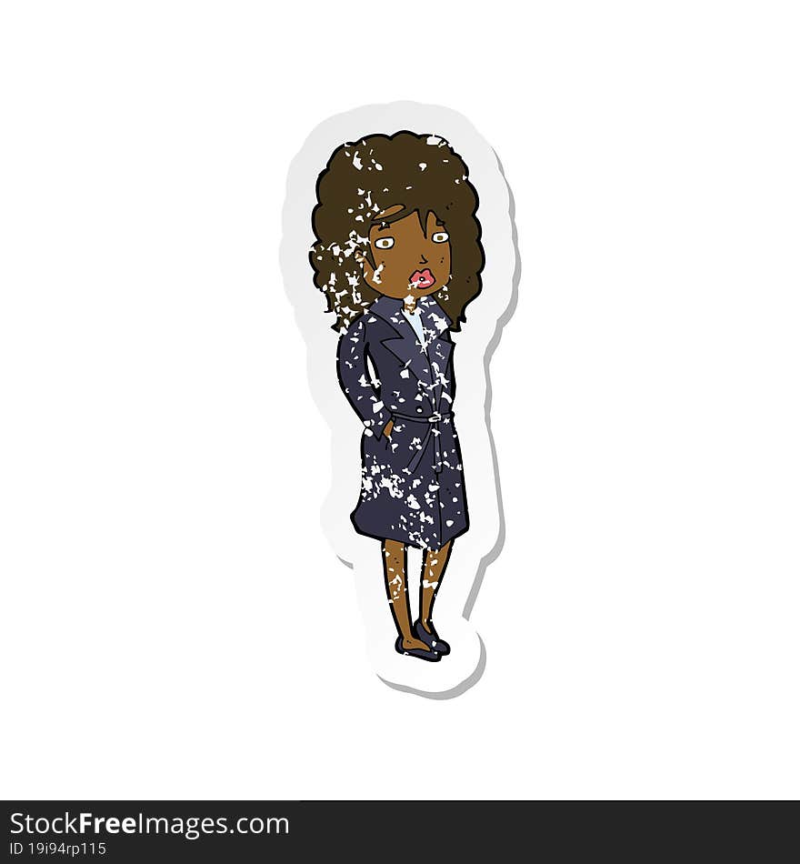 retro distressed sticker of a cartoon woman in trench coat