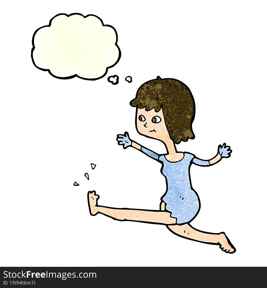 cartoon happy woman kicking with thought bubble