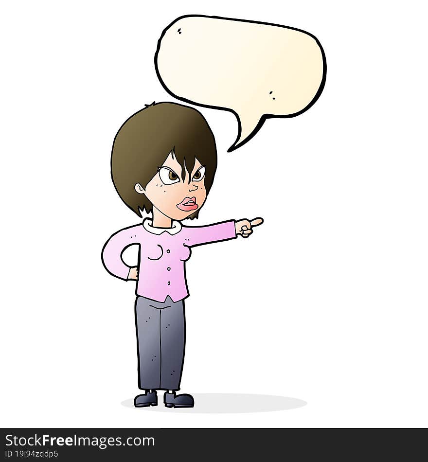 cartoon woman accusing with speech bubble