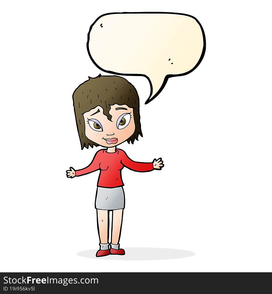 cartoon woman shrugging shoulders with speech bubble