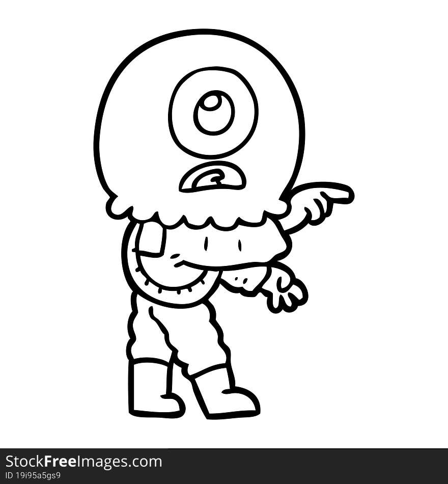 cartoon cyclops alien spaceman pointing. cartoon cyclops alien spaceman pointing