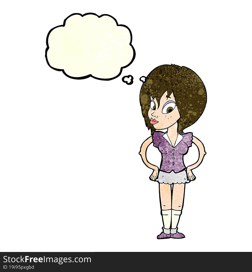 cartoon woman with hands on hips with thought bubble