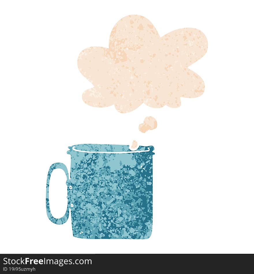 cartoon camping cup of coffee with thought bubble in grunge distressed retro textured style. cartoon camping cup of coffee with thought bubble in grunge distressed retro textured style