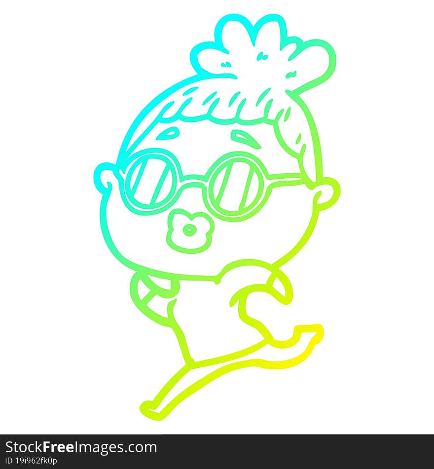 cold gradient line drawing cartoon woman running wearing sunglasses