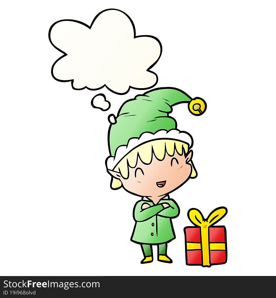 cartoon happy christmas elf and thought bubble in smooth gradient style