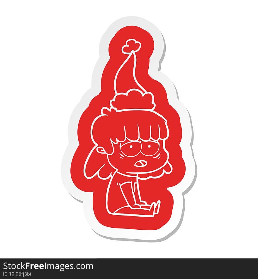 Cartoon  Sticker Of A Tired Woman Wearing Santa Hat