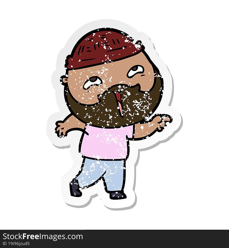 distressed sticker of a cartoon happy bearded man