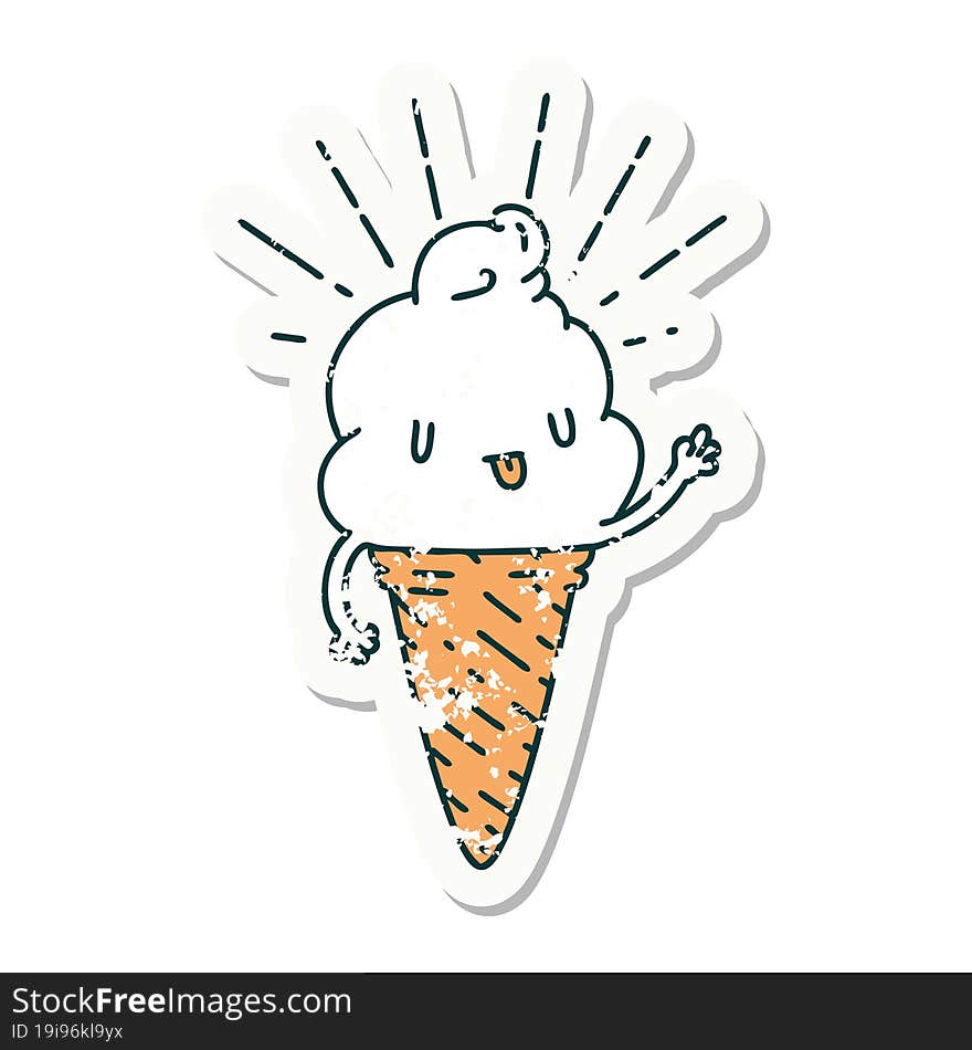 grunge sticker of tattoo style ice cream character waving