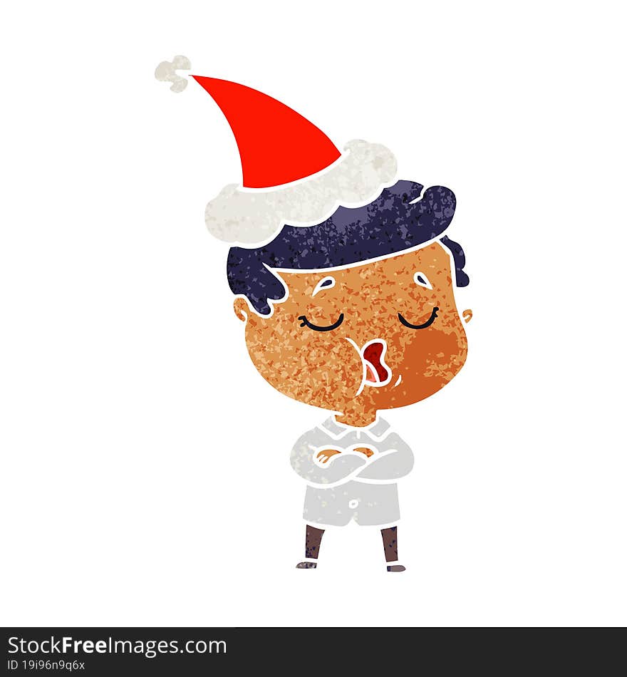 Retro Cartoon Of A Man Talking Wearing Santa Hat