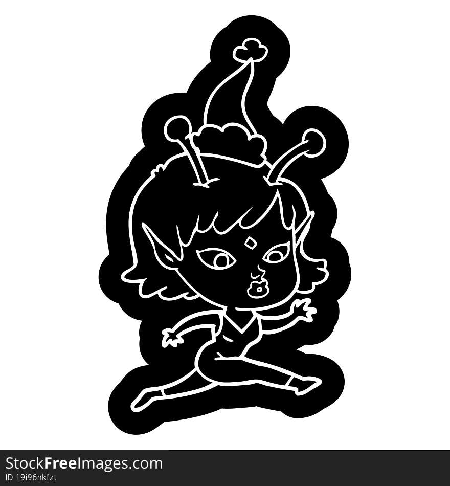 pretty cartoon icon of a alien girl running wearing santa hat