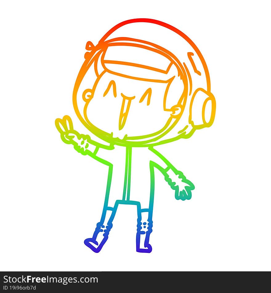 rainbow gradient line drawing of a happy cartoon astronaut giving peace sign