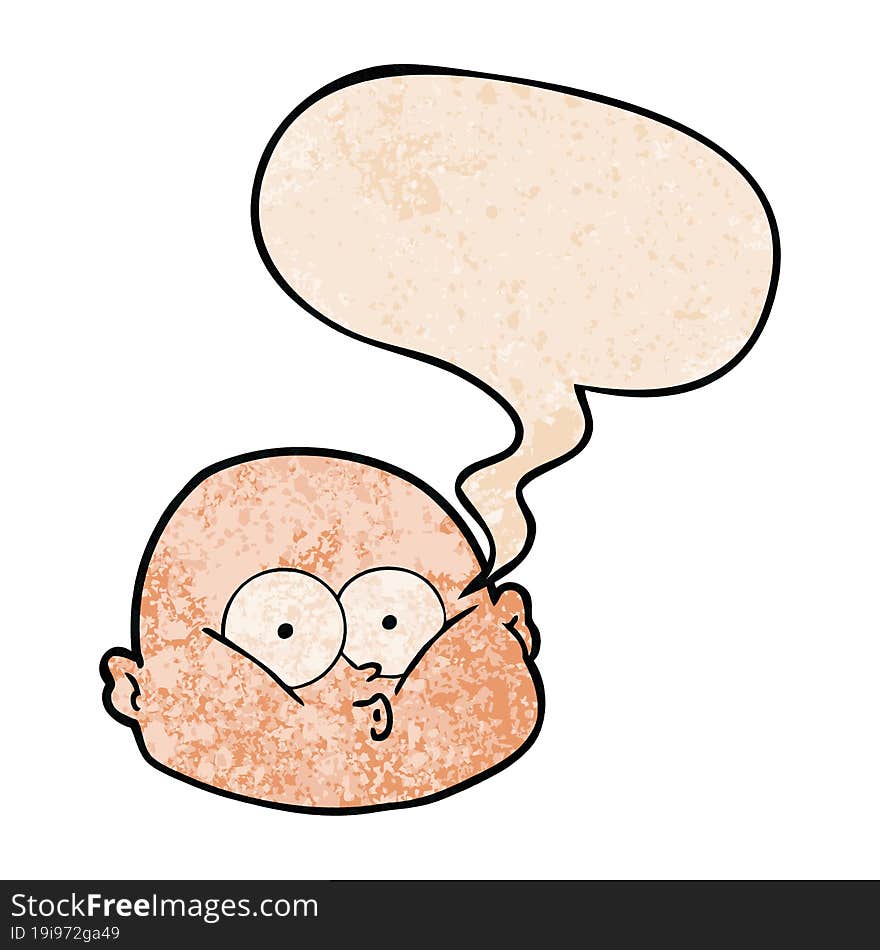 cartoon curious bald man and speech bubble in retro texture style