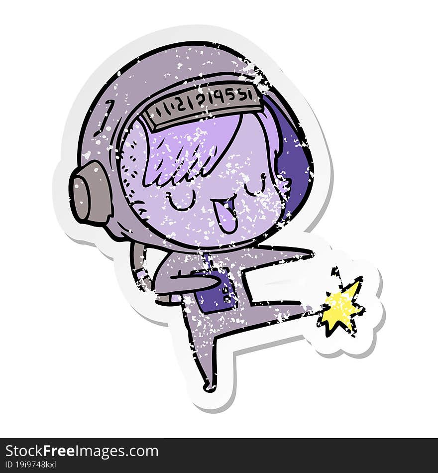 distressed sticker of a cartoon astronaut woman